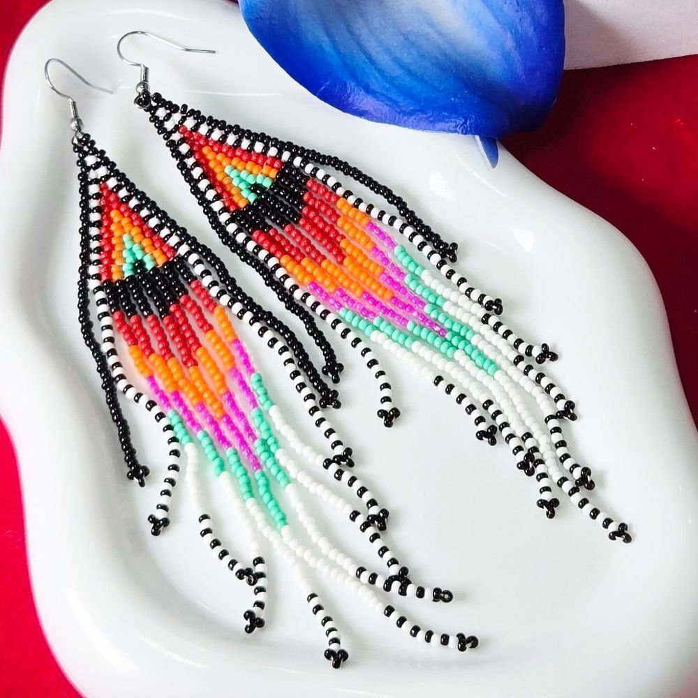 Aztec Sunrise Beaded Fringe Earrings | Long Chandelier Statement Festive Jewelry
